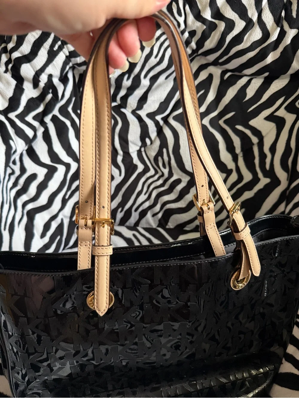 Michael Kors Black Patent Tote with Tan Straps and Gold Hardware